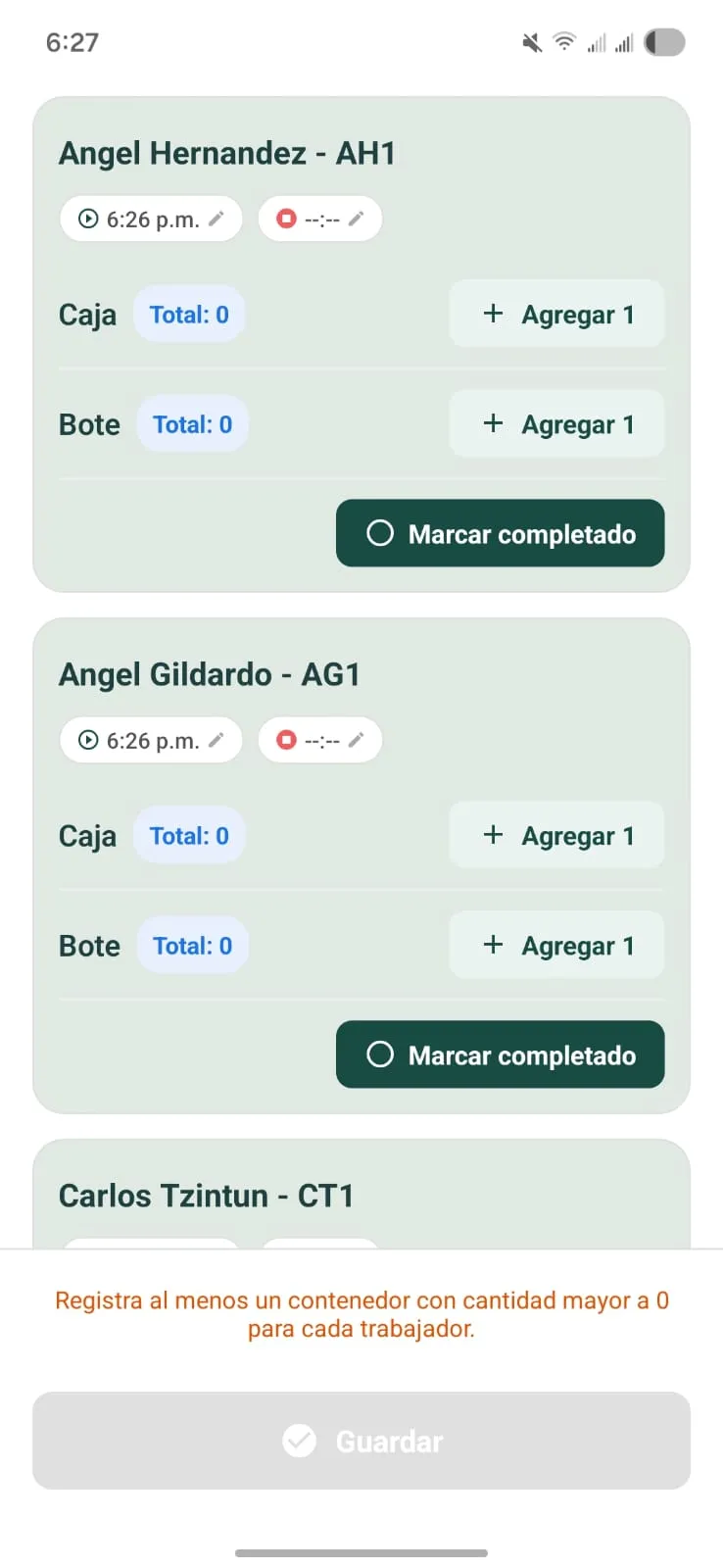 La app de Dayroll registrando avance por trabajador