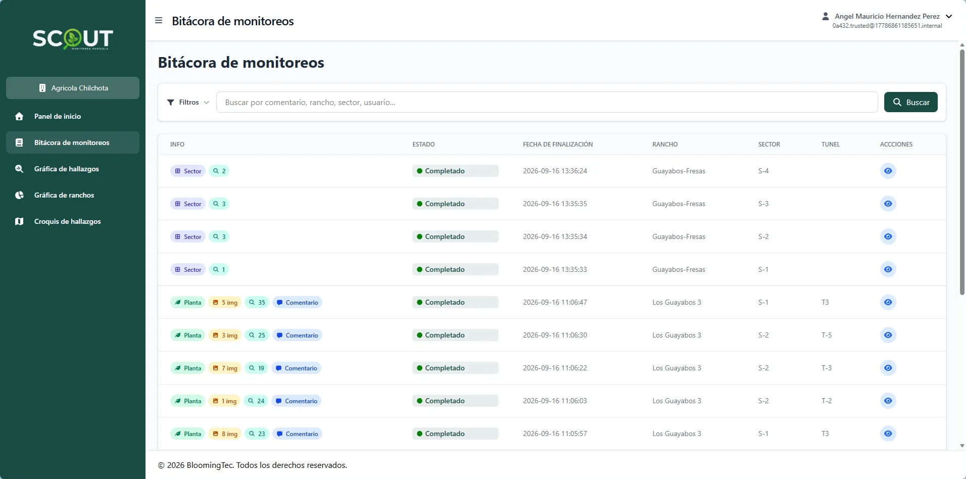 Panel web de Scout con la bitácora de monitoreos